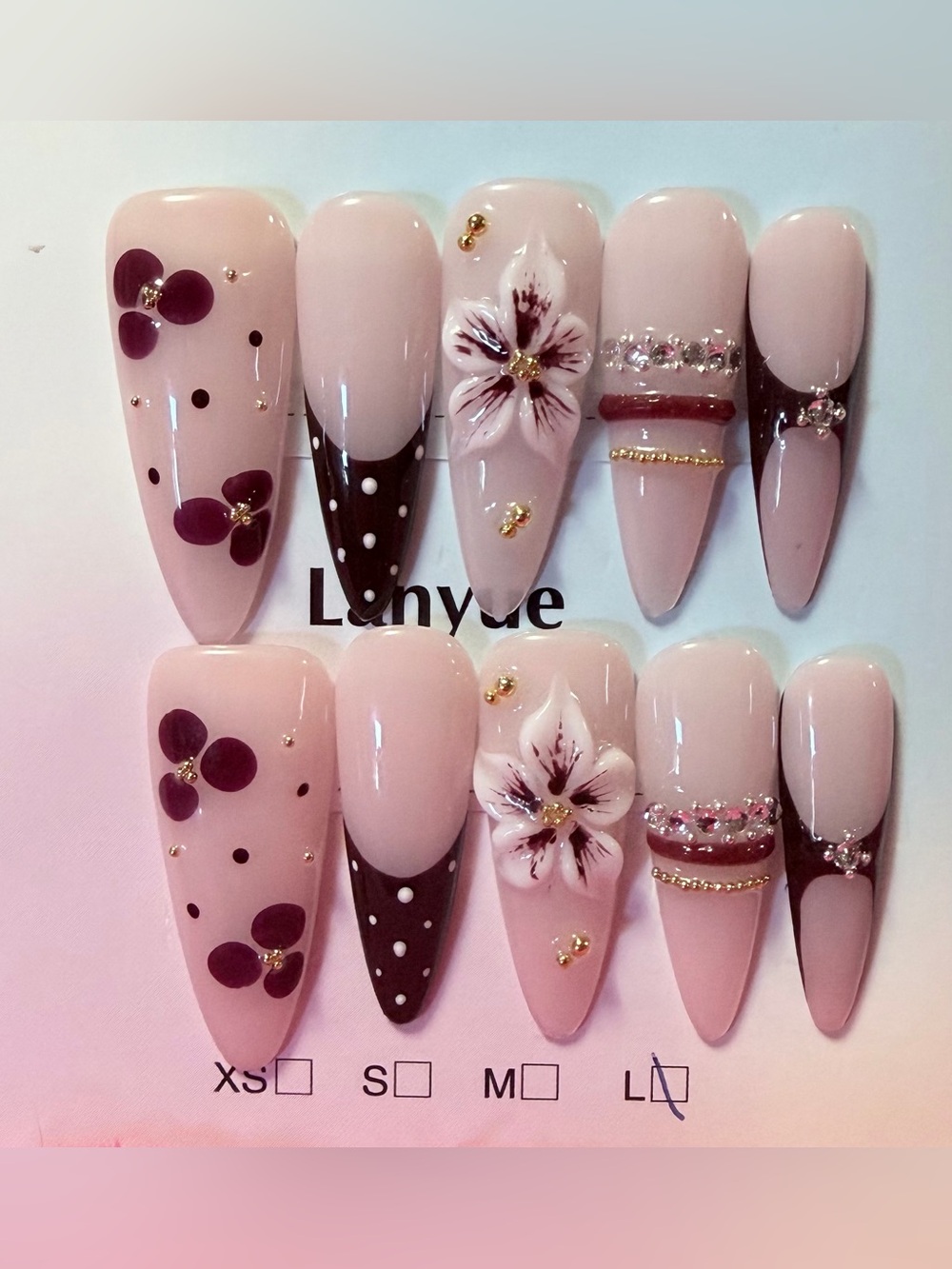 Pink Floral & Burgundy Stiletto Press-On Nails